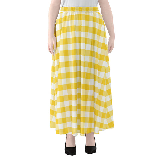 Yellow And White Gingham Pattern Print Chiffon Maxi Skirt