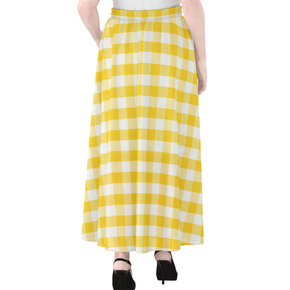Yellow And White Gingham Pattern Print Chiffon Maxi Skirt