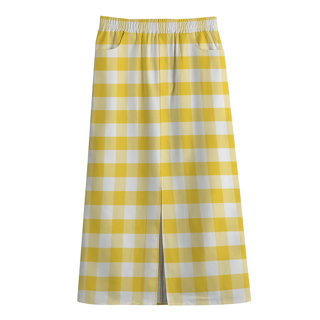 Yellow And White Gingham Pattern Print Cotton Front Slit Maxi Skirt