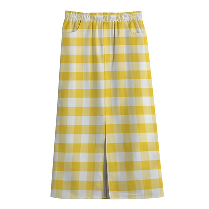 Yellow And White Gingham Pattern Print Cotton Front Slit Maxi Skirt
