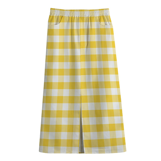 Yellow And White Gingham Pattern Print Cotton Front Slit Maxi Skirt