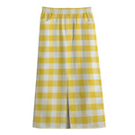 Yellow And White Gingham Pattern Print Cotton Front Slit Maxi Skirt