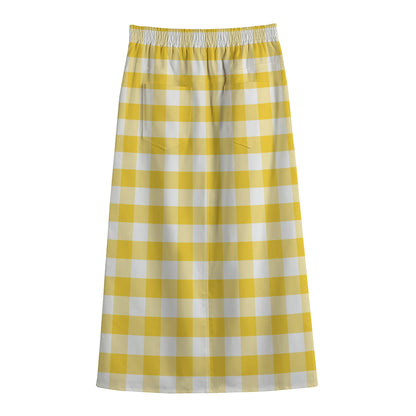 Yellow And White Gingham Pattern Print Cotton Front Slit Maxi Skirt