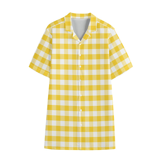Yellow And White Gingham Pattern Print Cotton Hawaiian Shirt