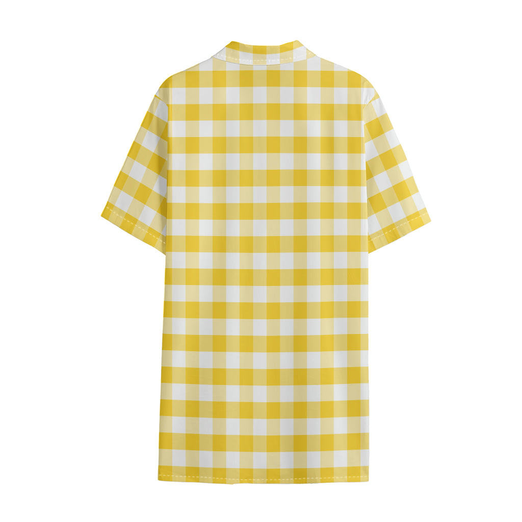 Yellow And White Gingham Pattern Print Cotton Hawaiian Shirt