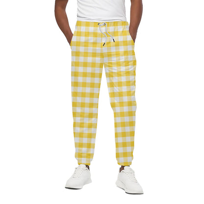 Yellow And White Gingham Pattern Print Cotton Pants