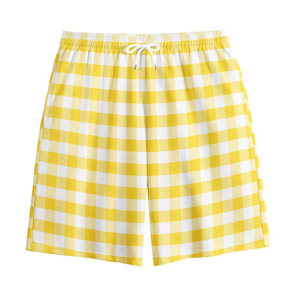 Yellow And White Gingham Pattern Print Cotton Shorts