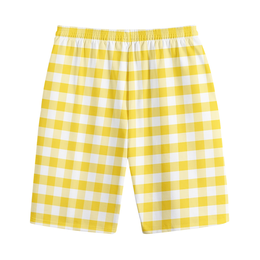 Yellow And White Gingham Pattern Print Cotton Shorts