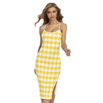 Yellow And White Gingham Pattern Print Cross Back Cami Dress