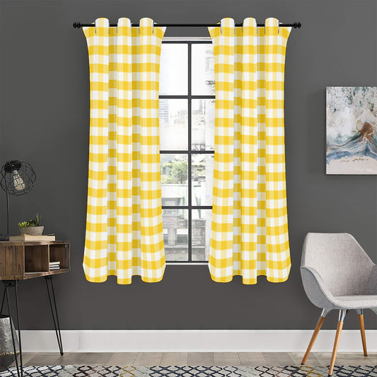 Yellow And White Gingham Pattern Print Curtain