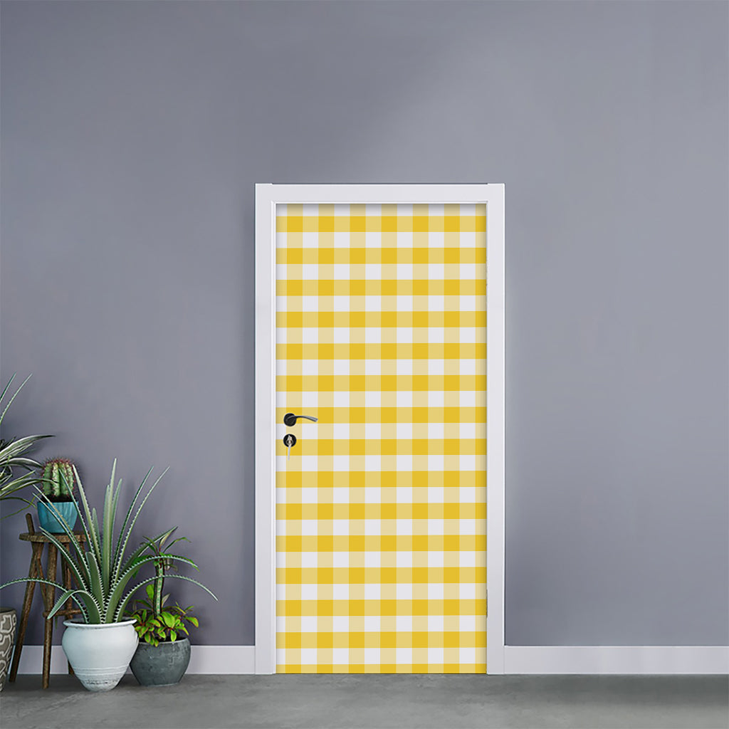 Yellow And White Gingham Pattern Print Door Sticker