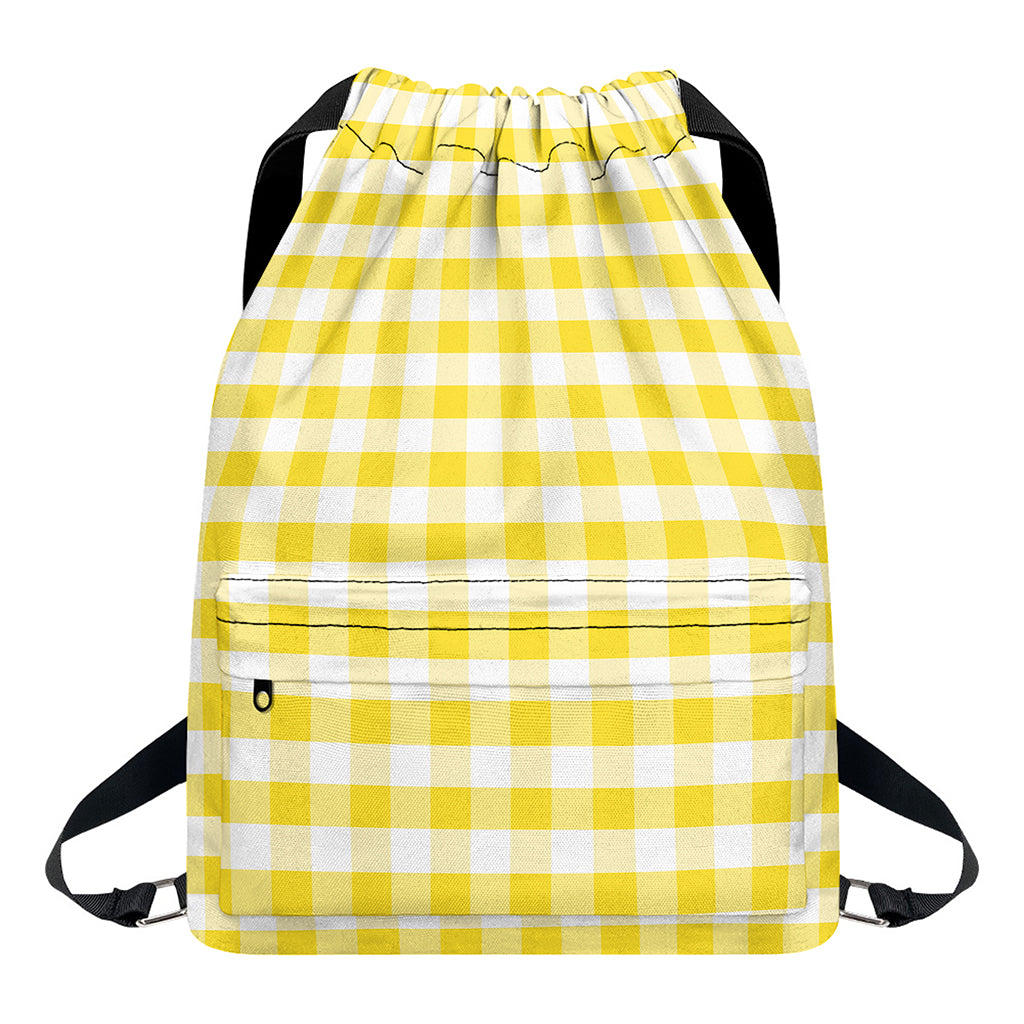 Yellow And White Gingham Pattern Print Drawstring Backpack