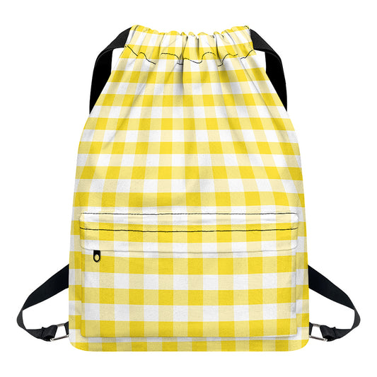 Yellow And White Gingham Pattern Print Drawstring Backpack