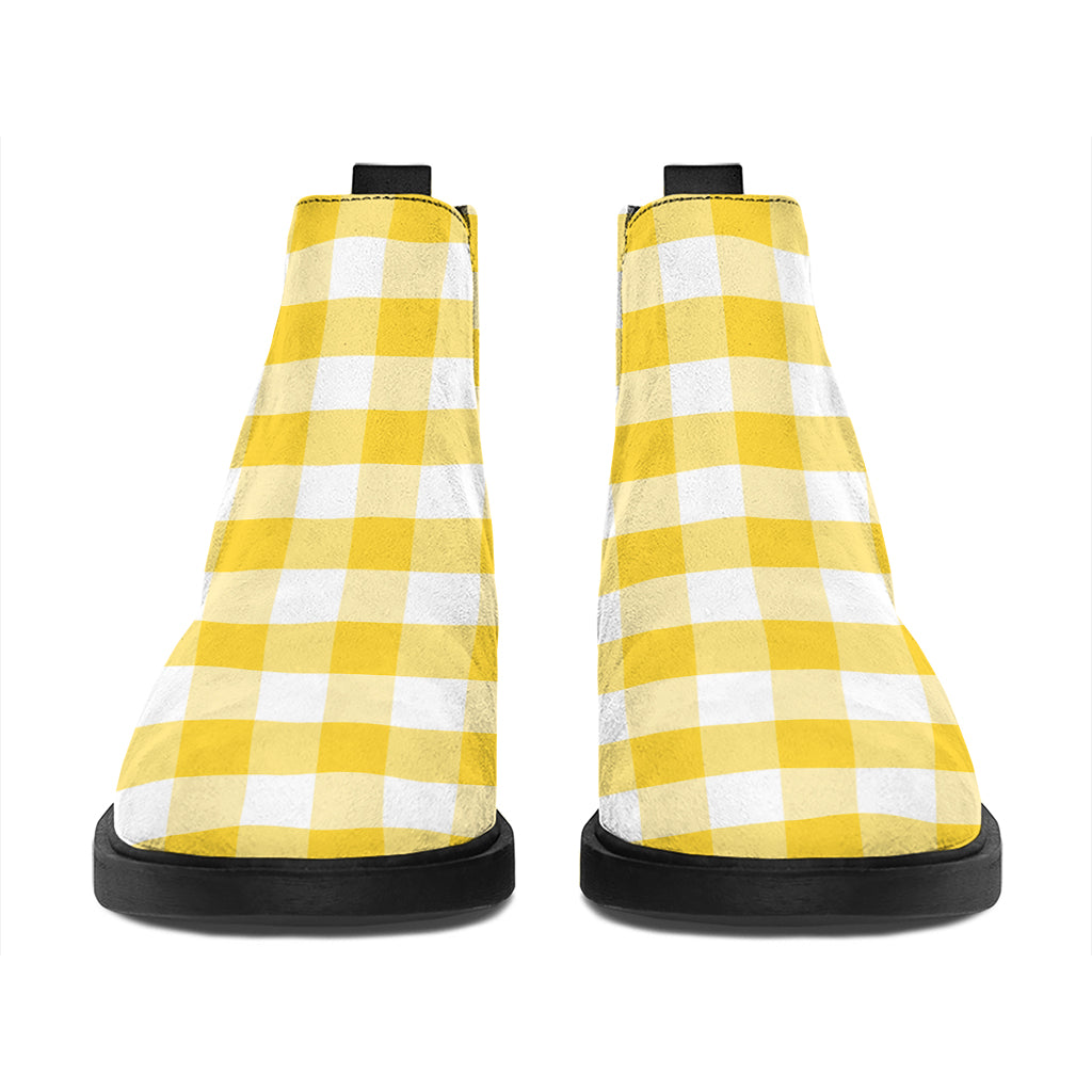 Yellow And White Gingham Pattern Print Flat Ankle Boots