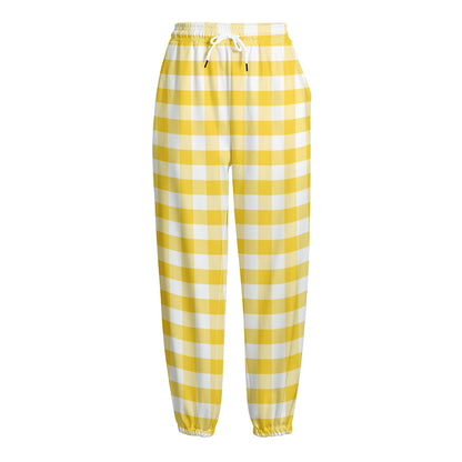 Yellow And White Gingham Pattern Print Fleece Lined Knit Pants