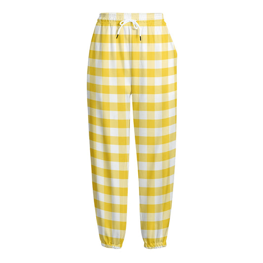 Yellow And White Gingham Pattern Print Fleece Lined Knit Pants