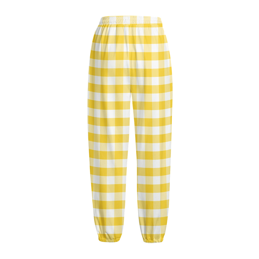 Yellow And White Gingham Pattern Print Fleece Lined Knit Pants