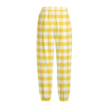 Yellow And White Gingham Pattern Print Fleece Lined Knit Pants