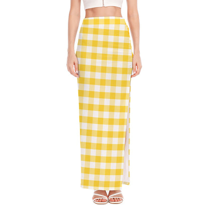 Yellow And White Gingham Pattern Print High Slit Maxi Skirt