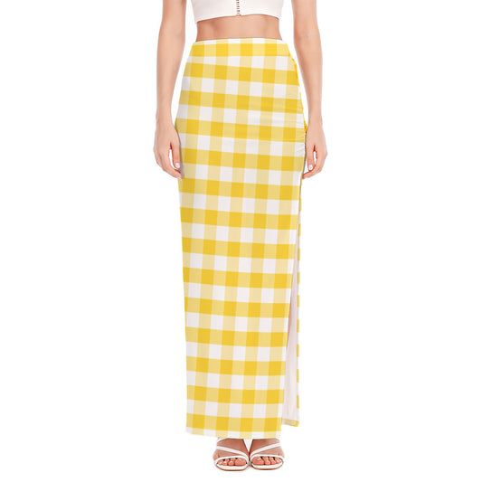 Yellow And White Gingham Pattern Print High Slit Maxi Skirt