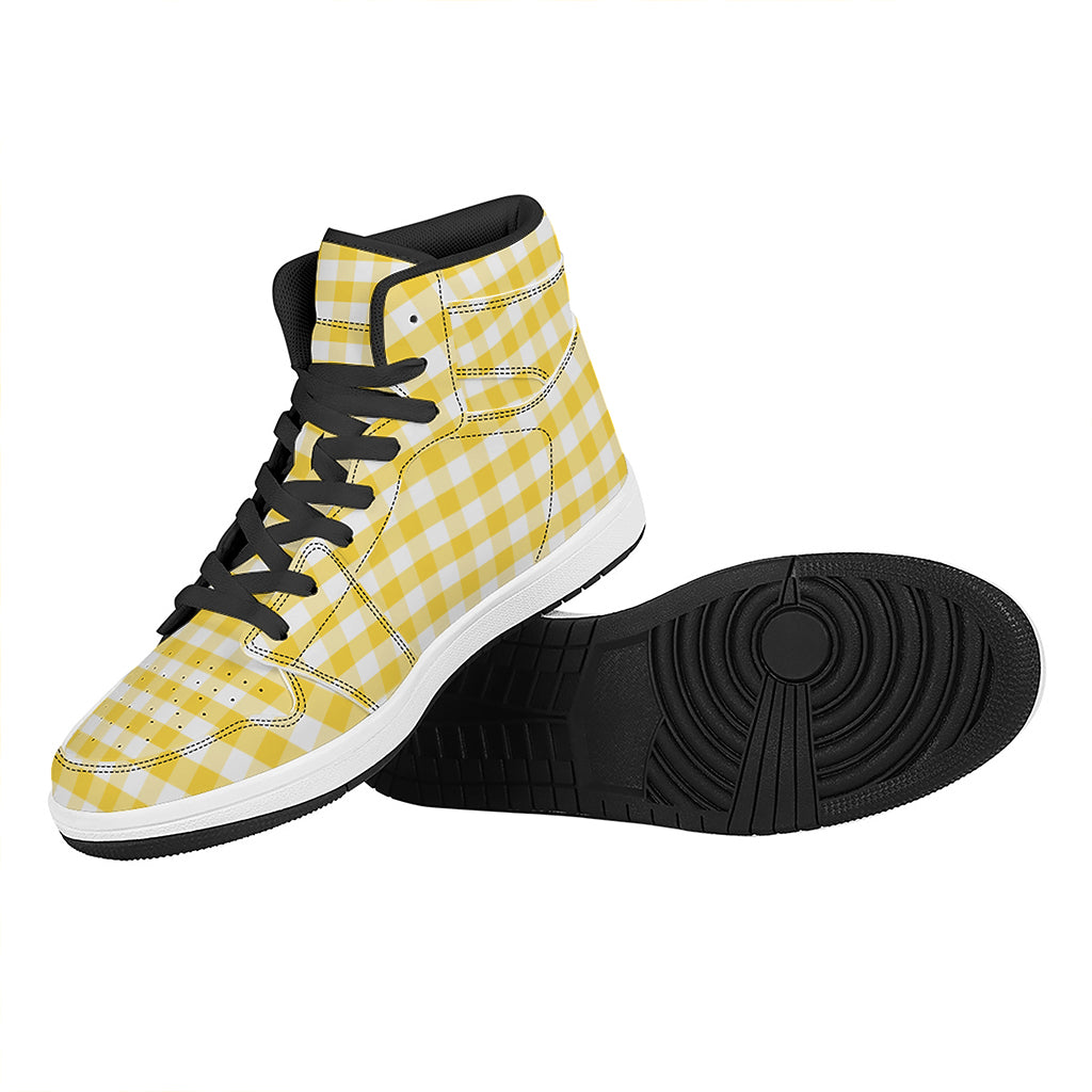 Yellow And White Gingham Pattern Print High Top Leather Sneakers