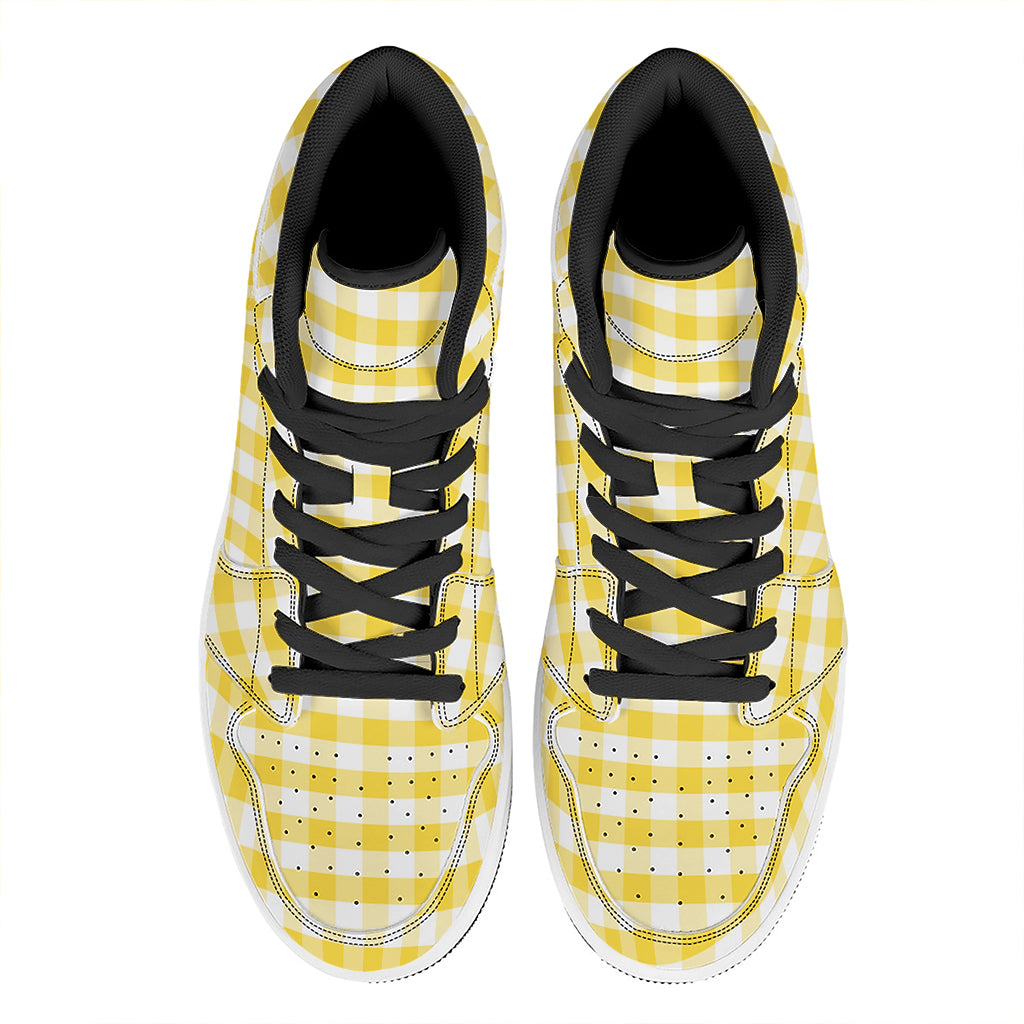 Yellow And White Gingham Pattern Print High Top Leather Sneakers