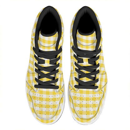 Yellow And White Gingham Pattern Print High Top Leather Sneakers