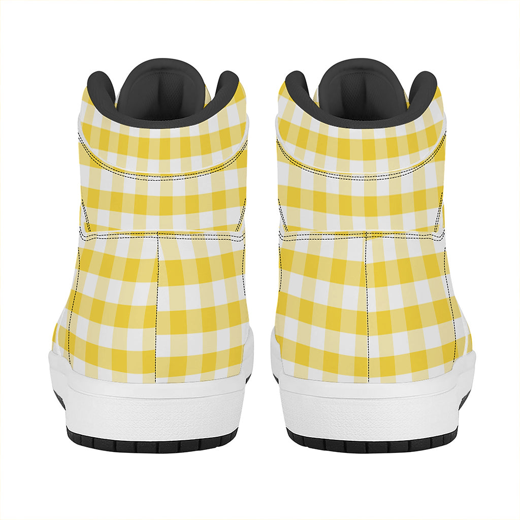 Yellow And White Gingham Pattern Print High Top Leather Sneakers