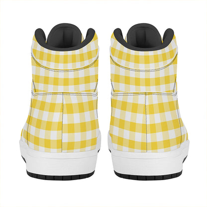 Yellow And White Gingham Pattern Print High Top Leather Sneakers