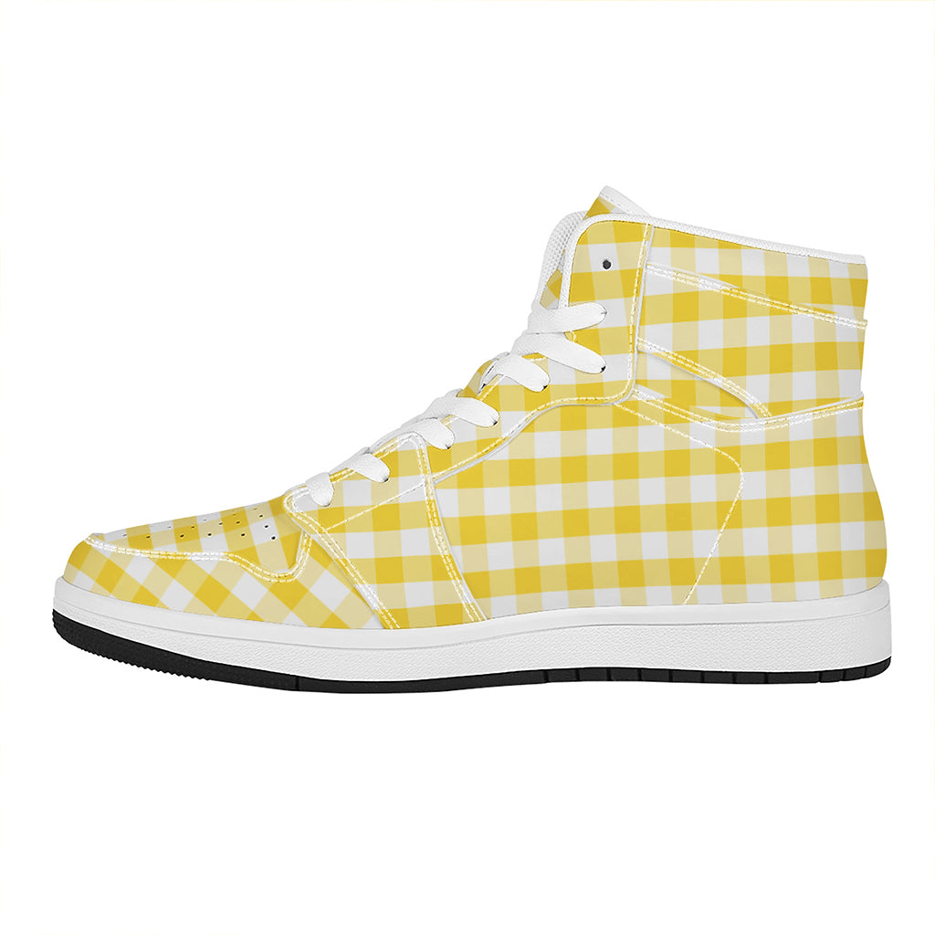Yellow And White Gingham Pattern Print High Top Leather Sneakers