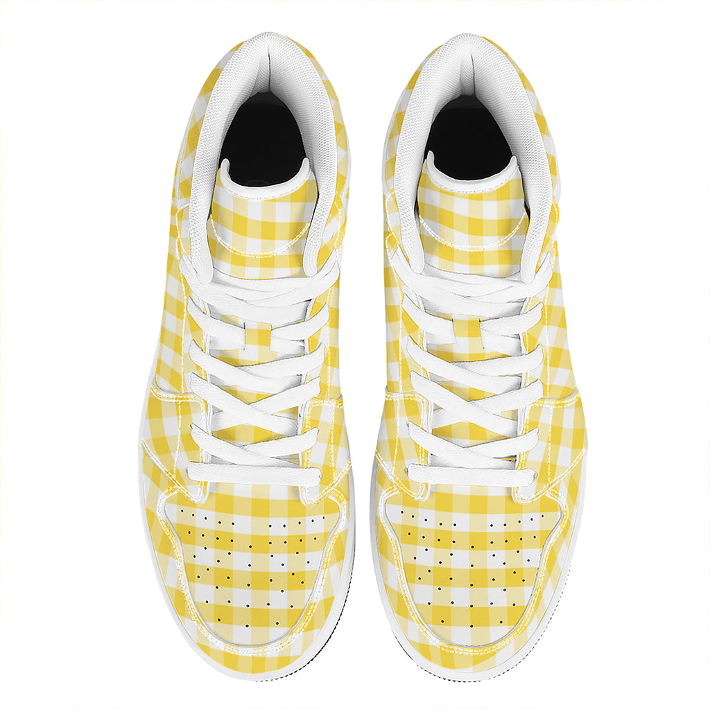Yellow And White Gingham Pattern Print High Top Leather Sneakers