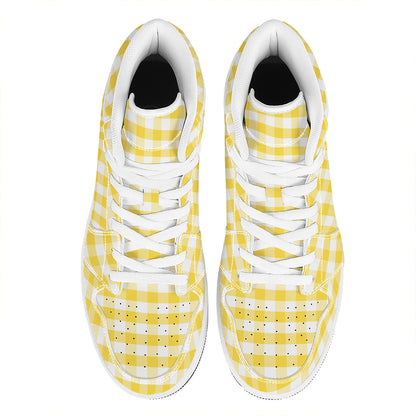 Yellow And White Gingham Pattern Print High Top Leather Sneakers