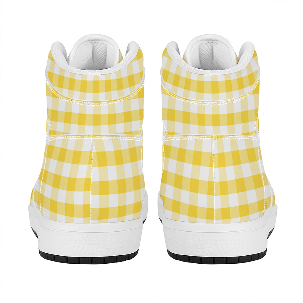 Yellow And White Gingham Pattern Print High Top Leather Sneakers