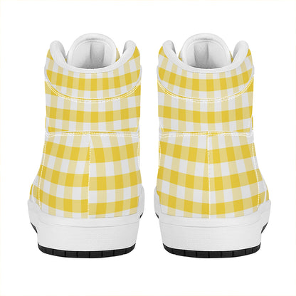 Yellow And White Gingham Pattern Print High Top Leather Sneakers