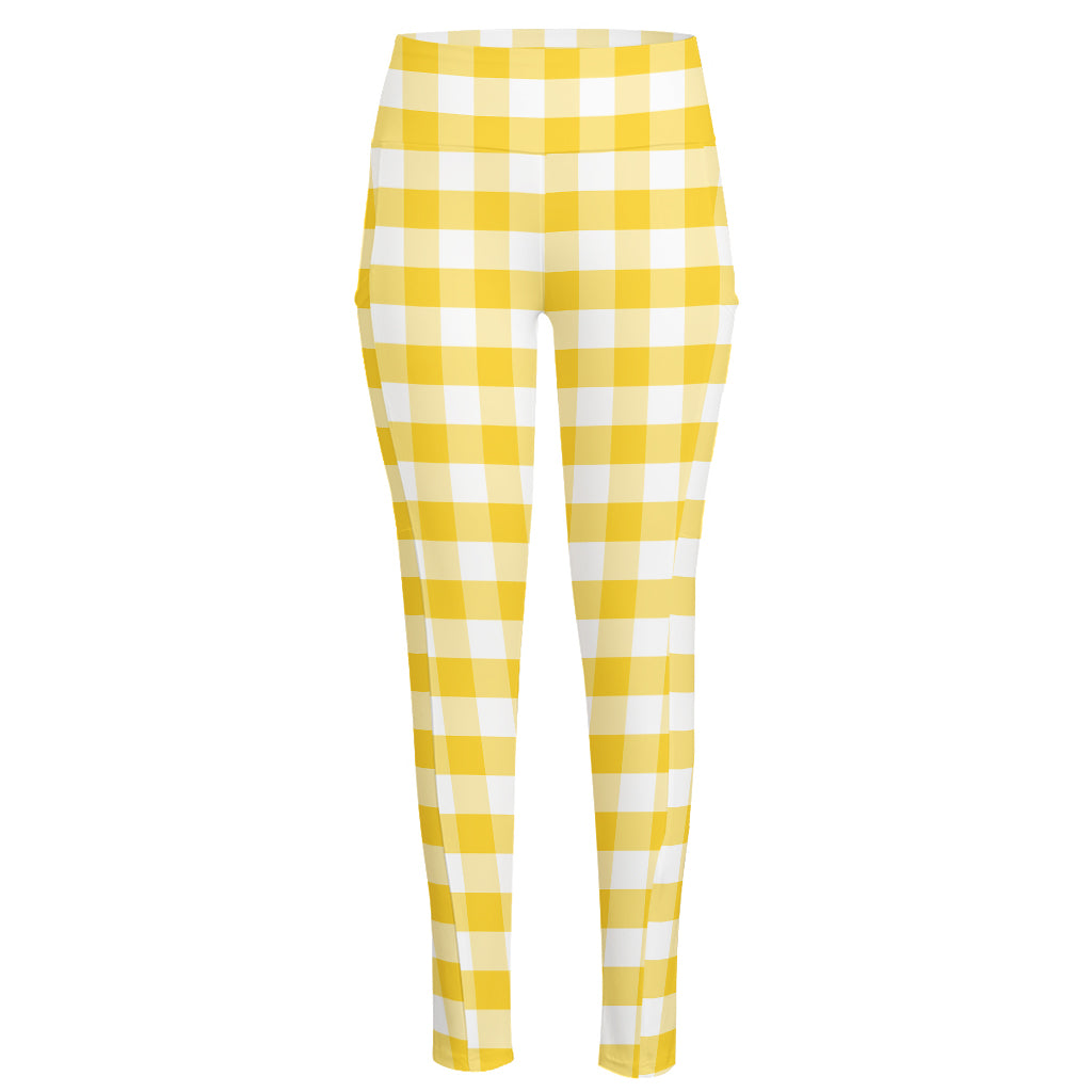 Yellow And White Gingham Pattern Print High-Waisted Pocket Leggings