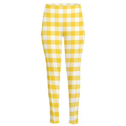 Yellow And White Gingham Pattern Print High-Waisted Pocket Leggings