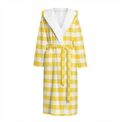Yellow And White Gingham Pattern Print Hooded Bathrobe