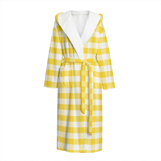 Yellow And White Gingham Pattern Print Hooded Bathrobe