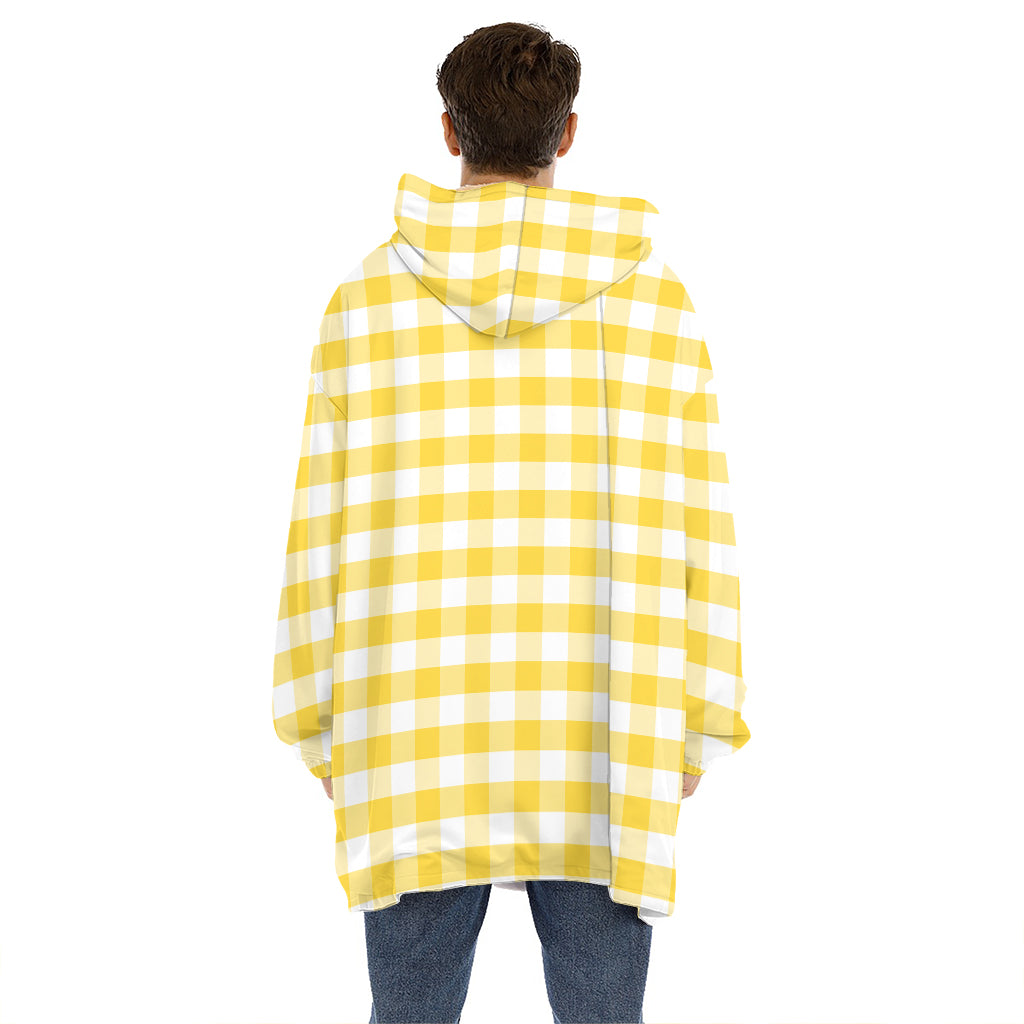 Yellow And White Gingham Pattern Print Hoodie Blanket