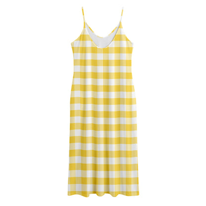 Yellow And White Gingham Pattern Print Jersey Midi Cami Dress