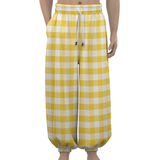 Yellow And White Gingham Pattern Print Lantern Pants