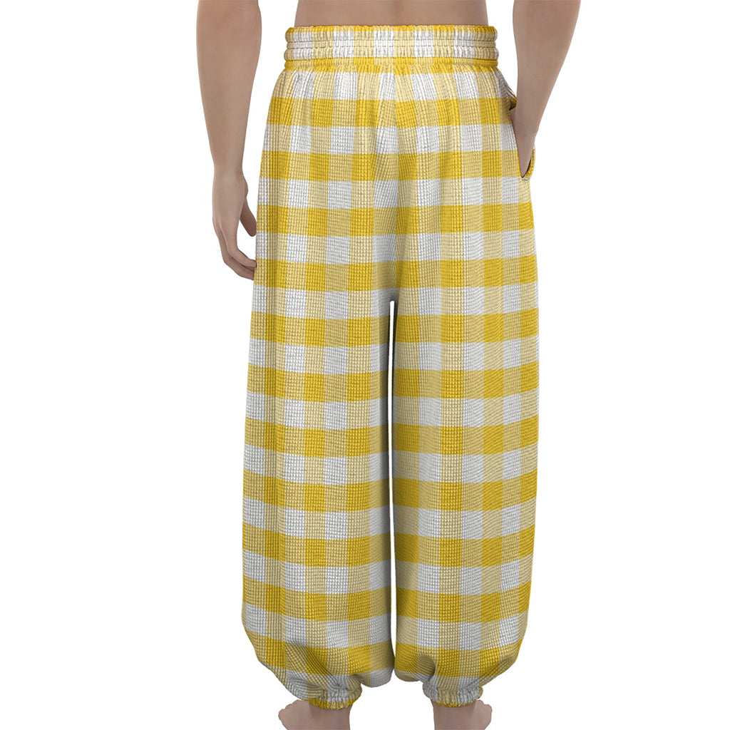 Yellow And White Gingham Pattern Print Lantern Pants