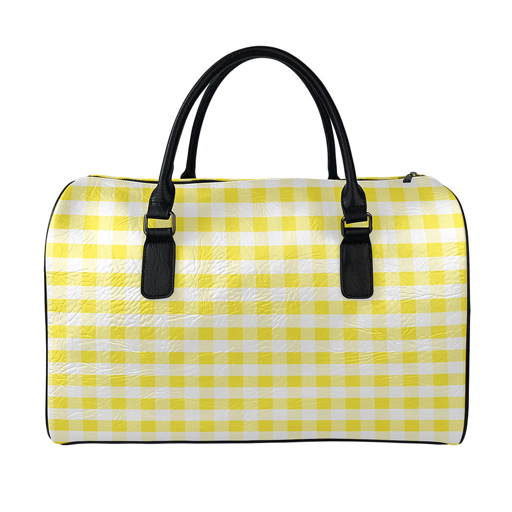 Yellow And White Gingham Pattern Print Leather Duffle Bag