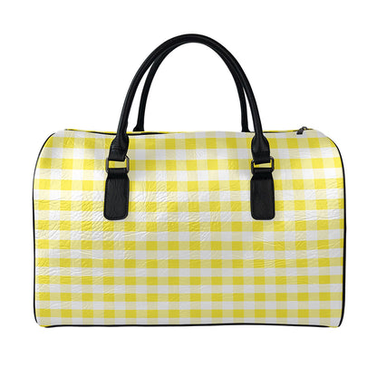 Yellow And White Gingham Pattern Print Leather Duffle Bag