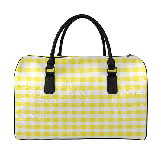 Yellow And White Gingham Pattern Print Leather Duffle Bag