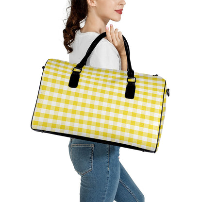 Yellow And White Gingham Pattern Print Leather Duffle Bag