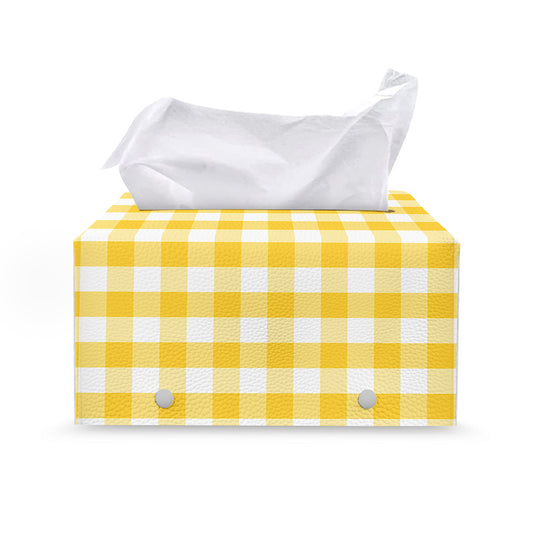Yellow And White Gingham Pattern Print Leather Tissue Box Cover