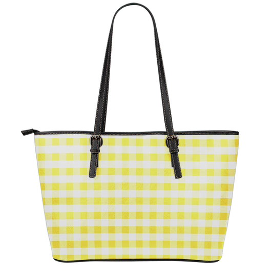 Yellow And White Gingham Pattern Print Leather Tote Bag