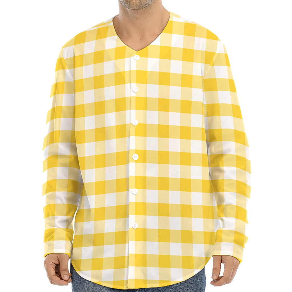 Yellow And White Gingham Pattern Print Long Sleeve Baseball Jersey