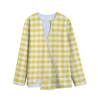 Yellow And White Gingham Pattern Print Long Sleeve Short Coat